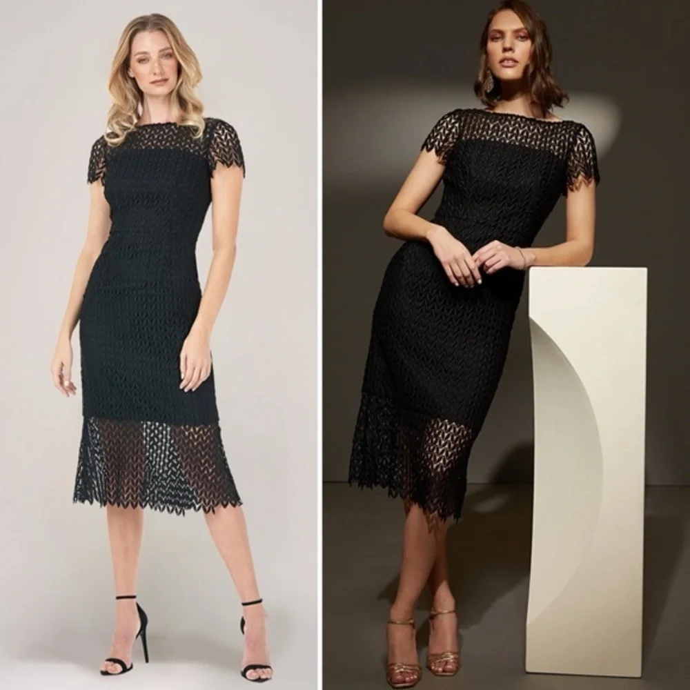 NWT Kay Unger Tatum Dress Floral Lace Sheath Midi Dress Black Size 14 - Picture 1 of 11